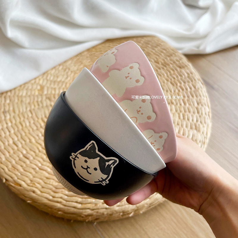 Ceramic Soup Bowl Rice Bowl Tableware Japanese Style Tall Noodle Bowl Cat Small Bowl Dessert Bowl Pink Bear Embossed Rice Bowl
