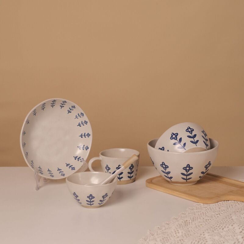 Cross-Border Artistic Hand-Painted Blue Flower Rustic Ceramic Bowl and Plate Set, Japanese Retro Fresh Style Household Rice Bowl, Soup Bowl, Cup, and Spoon Set