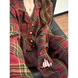 喜庆新年红格纹翻领睡衣女春秋新款大码宽松长袖长裤家居服两件套