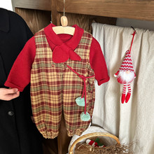 男女童装格子连体背带裤春秋冬季红色毛衣针织衫新年装圣诞节套装