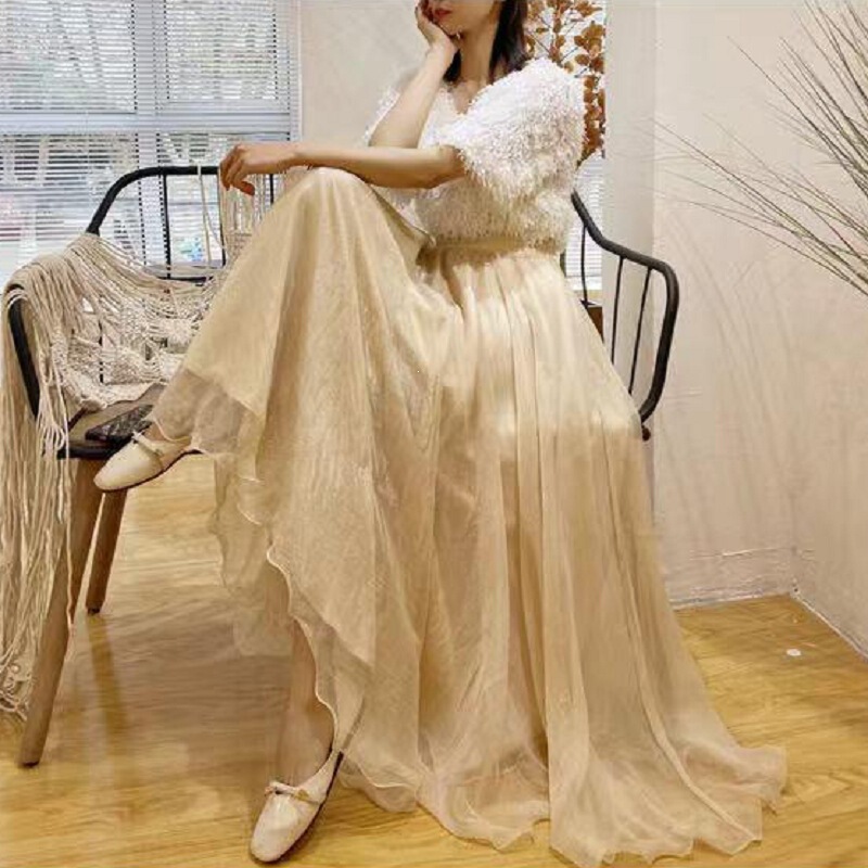 Gold Silk Gauze Skirt, Slimming High-Waisted Chiffon Skirt for Women, Large Flared Skirt, Solid Color Pearlescent Chiffon Long Skirt, Super Fairy-Like Gold Silk Gauze Skirt, Slimming High-Waisted Chiffon Skirt for Women, Large Flared Skirt, Solid Color Pearlescent Chiffon Long Skirt, Super Fairy-Like