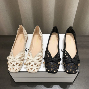 French Style Bow Hollow Breathable Single-layer Shoes Women's Summer 2025 New Comfortable Soft Bottom Shallow Square Toe Flat Sandals