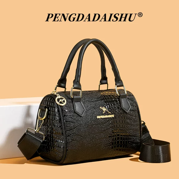 Textured Crocodile Pattern Handbag Women's Black Wide Shoulder Strap Casual Crossbody Bag Cross-Border Fashion Popular Shoulder Pillow Bag