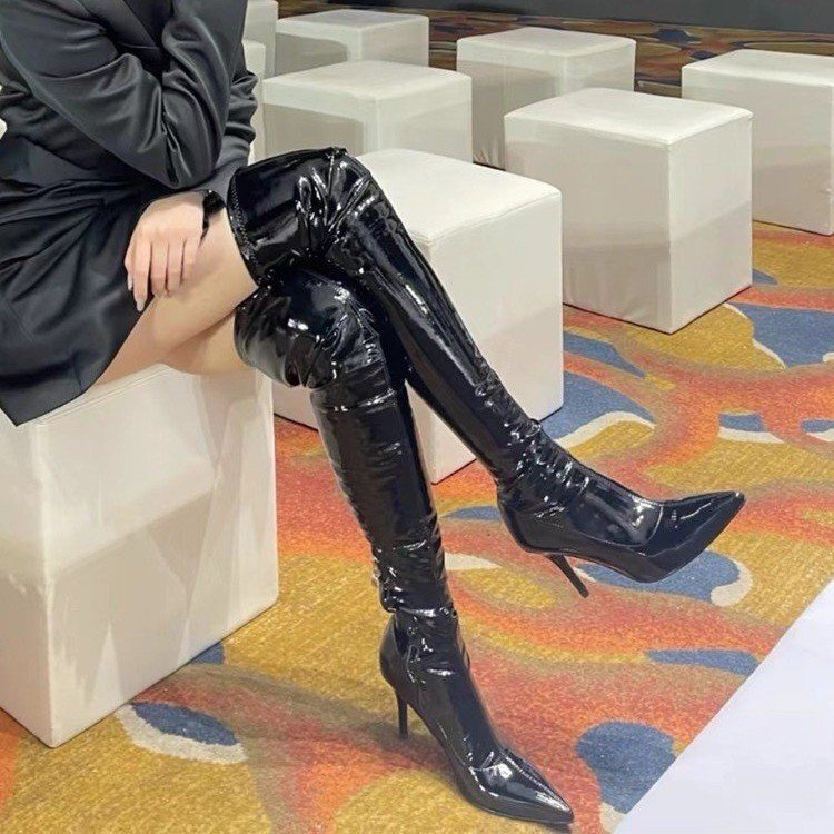 New cross-border, plus-size, pointed-toe, back-zip, stiletto-heeled women’s boots, European and American style, over-the-knee, shiny leather long boots New cross-border, plus-size, pointed-toe, back-zip, stiletto-heeled women’s boots, European and American style, over-the-knee, shiny leather long boots