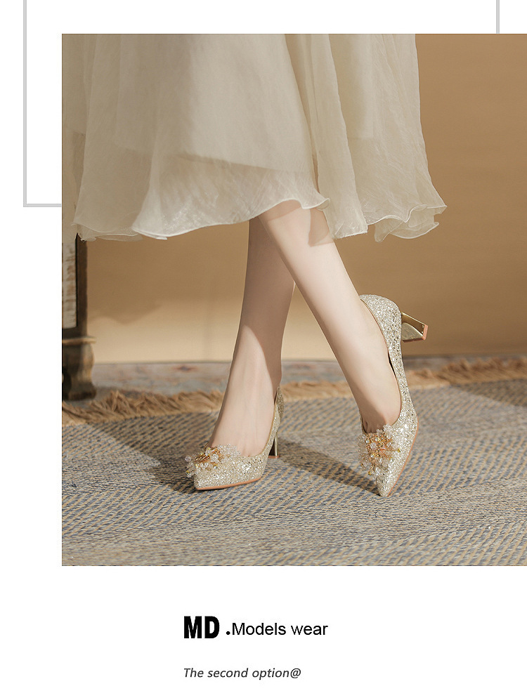 Giày cưới đính sequin mũi nhọn gót vuông cao 6 cm — Màu Sâm panh chi tiết 13