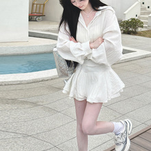 茶歇法式气质雪纺白色收腰连衣裙子女春装2024新款小个子套装短裙
