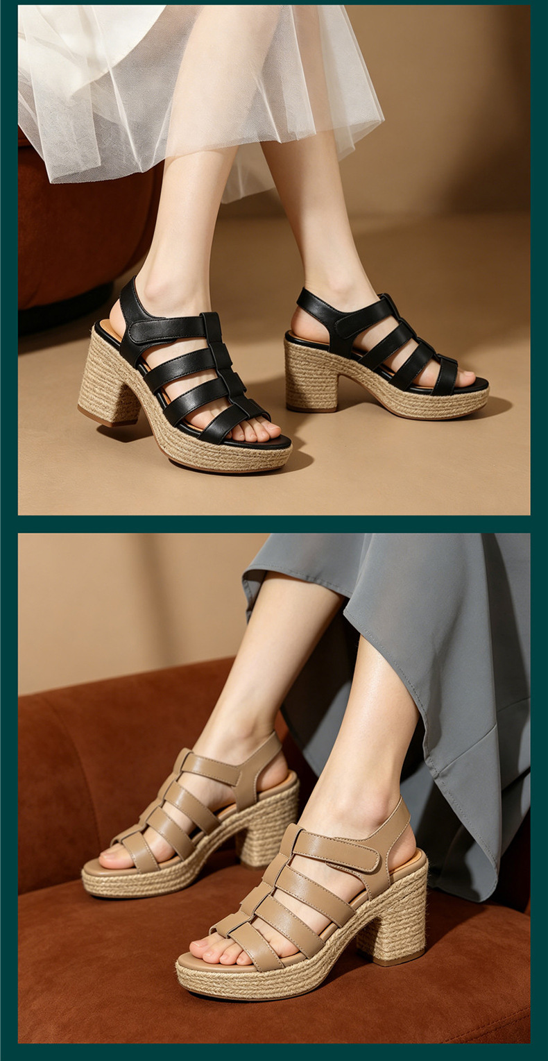 Sandal cao gót nữ hở mũi phong cách La Mã đế dày gót thô — đen chi tiết 1