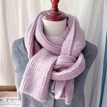 現貨馬海毛針織圍巾女紫色中長款保暖圍脖秋冬新款韓版純色圍巾