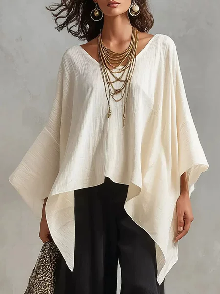2026 European and American Independent Website Wish Holiday Style Loose Solid Color V-Neck Women's Cape Shirt