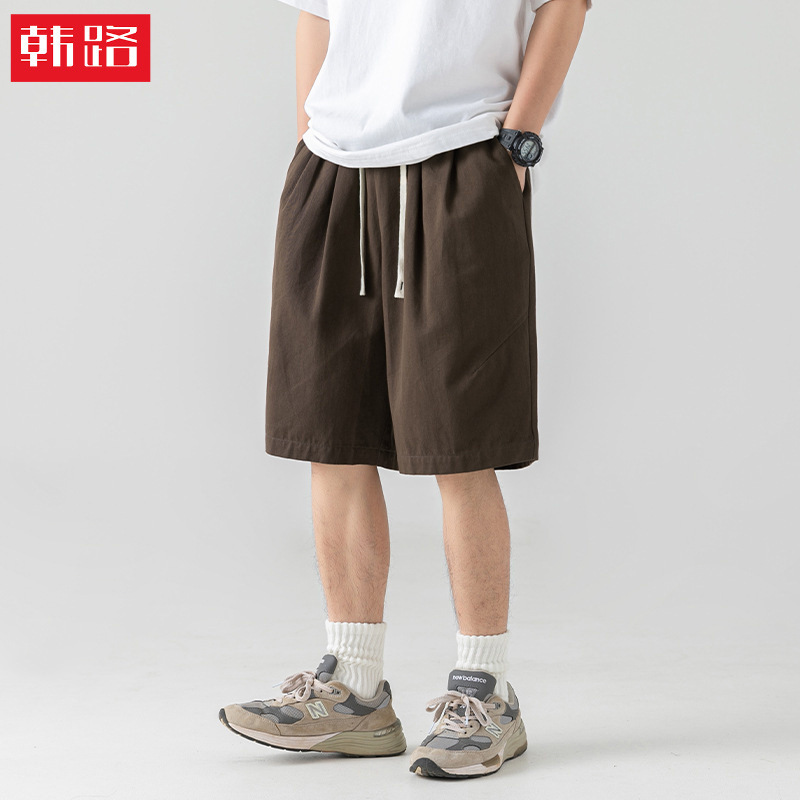 Han Lu Japanese Style Men's Textured Loose Cargo Shorts Men's Summer Versatile Basic Pure Color Casual Pleated Five-Quarter Pants