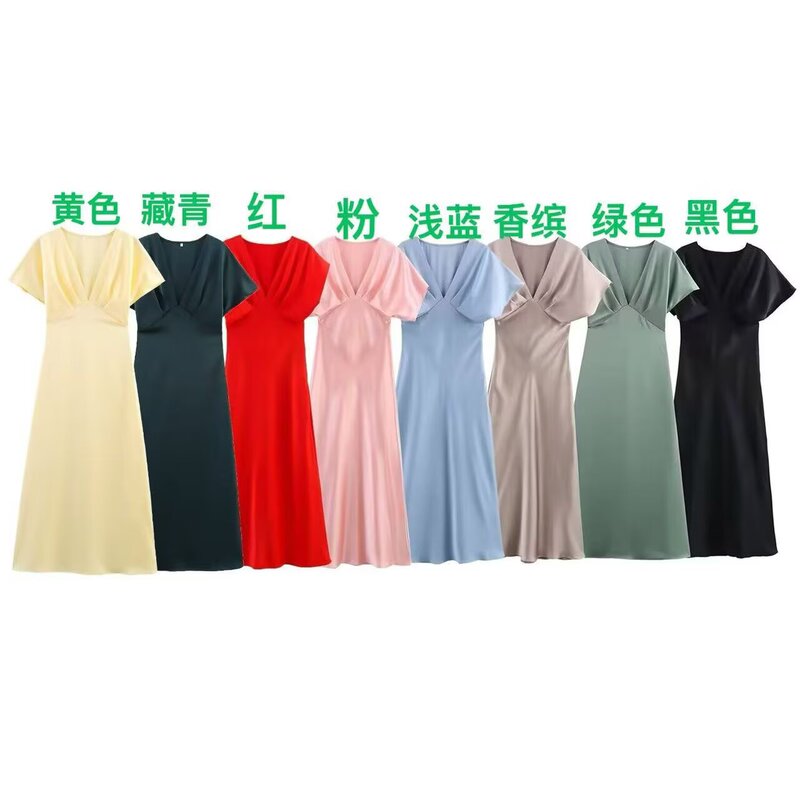 Foreign trade wholesale spring new European and American wind silk satin texture V-neck Midi dress 2330399 Foreign trade wholesale spring new European and American wind silk satin texture V-neck Midi dress 2330399