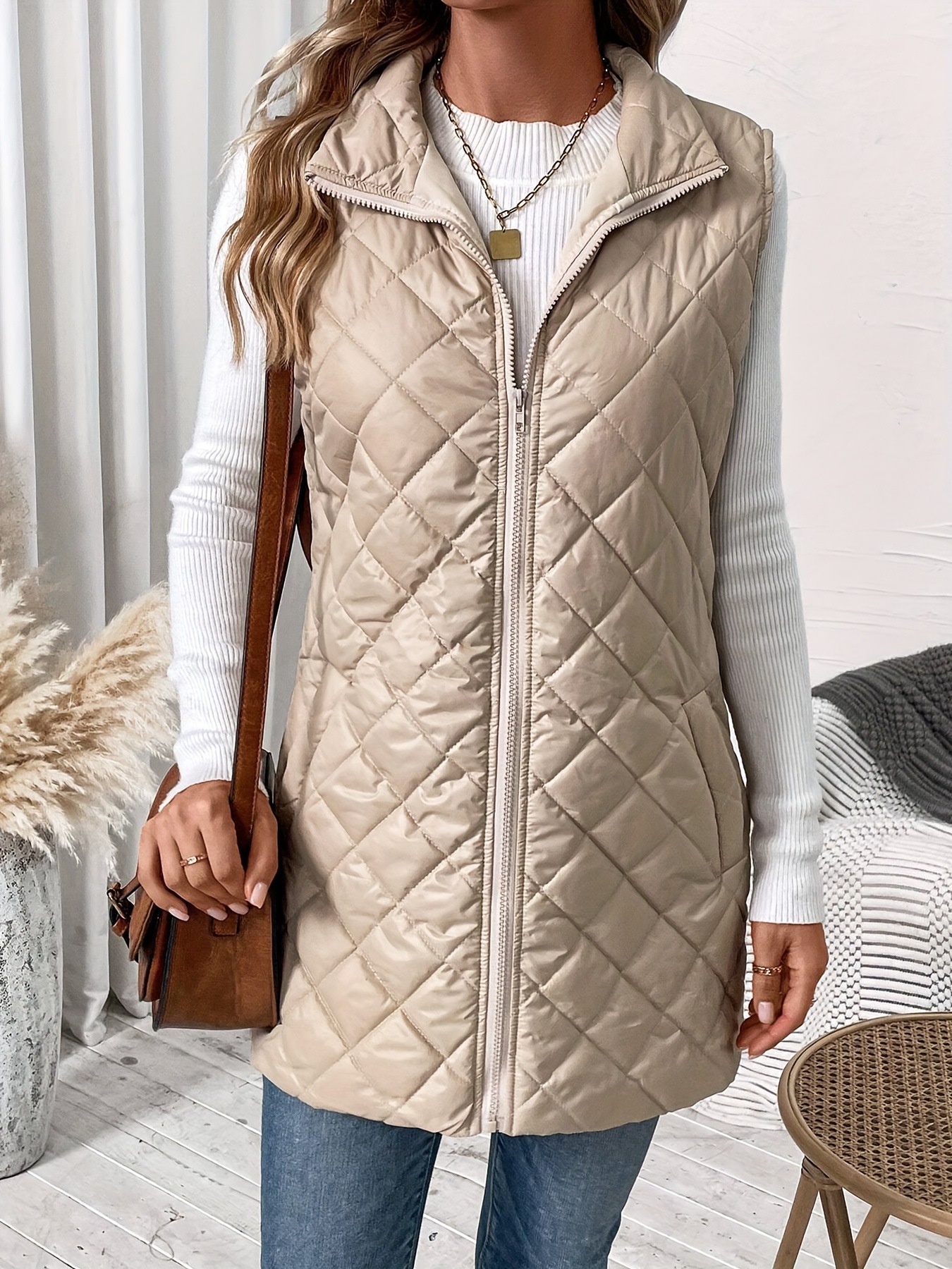 346g Weight Women's Casual Solid Color Zipper Coat Cotton Clothes Vest