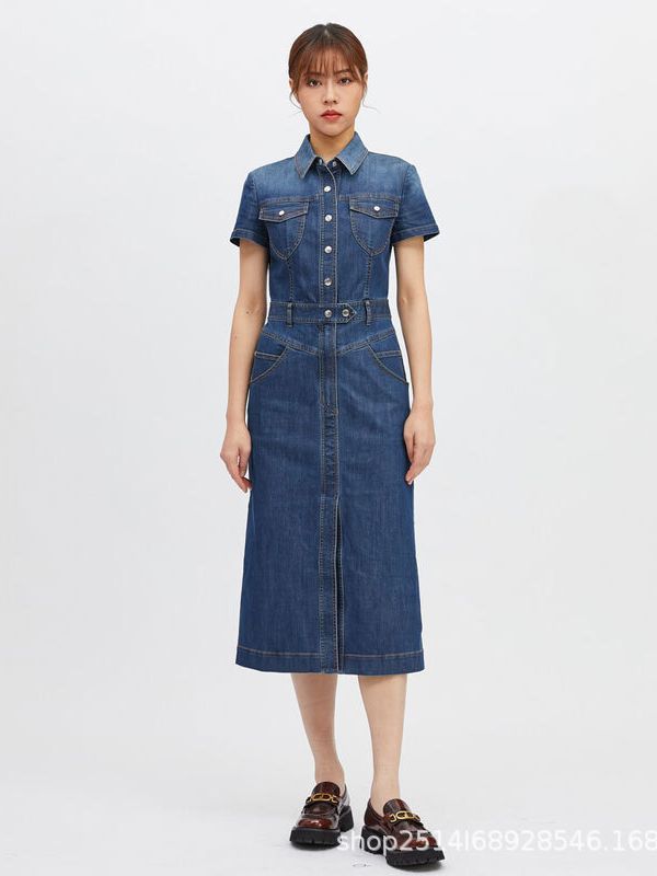 Váy denim dài nữ phong cách cổ điển, thắt eo tôn dáng — Màu xanh lam
