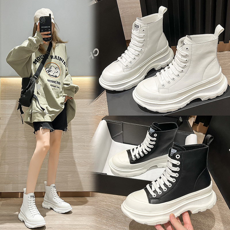 흰색 신발 여성용 두꺼운 밑창 하이탑 2022 새로운 가을 정품 가죽 얇은 모든 매치 두꺼운 밑창 스포츠 캐주얼 캔버스 신발