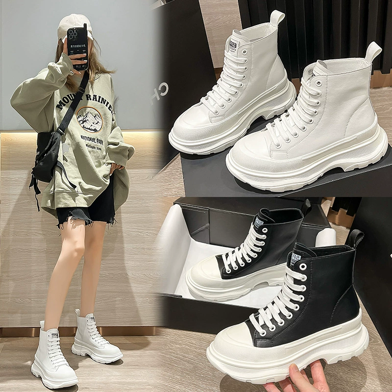 Белые туфли, женские туфли на толстой подошве с высоким берцем, новинка 2022 г., осенняя тонкая Универсальная Спортивная повседневная парусиновая обувь из натуральной кожи на толстой подошве