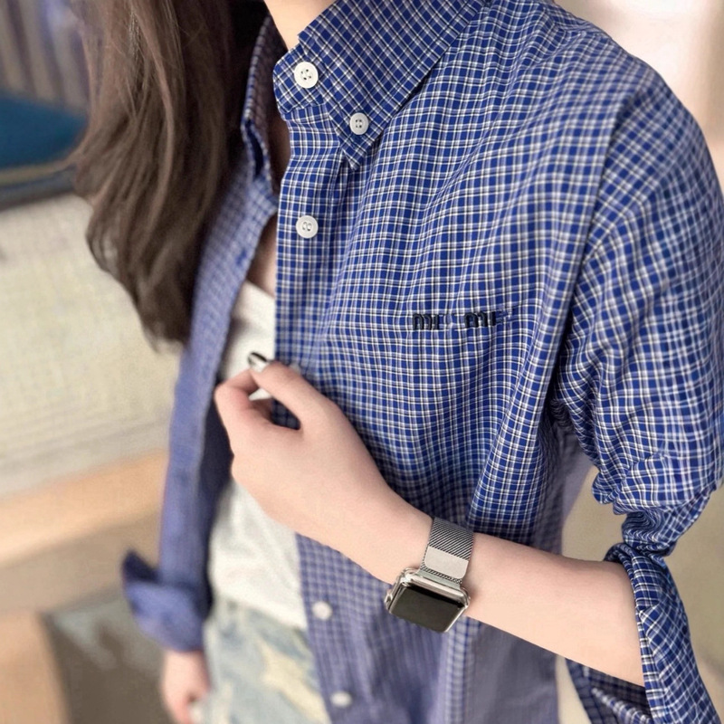 南油高定25秋季新款女装字母刺绣宝石蓝格纹衬衫宽松衬衣上衣|undefined