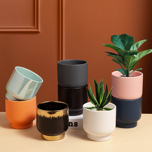 Nordic Style Light Luxury Electroplated Golden Flower Pot Indoor Desktop Green Planting Artificial Flower Ceramic Flower Pot Ornaments Flower Arranging