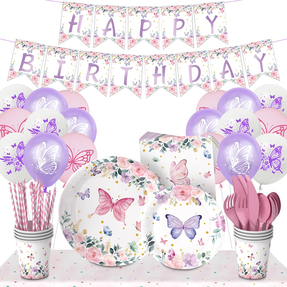 Nueva Flor de mariposa tema decoración del partido suministros fiesta de té Placa de papel desechable globo de tejido decoración traje