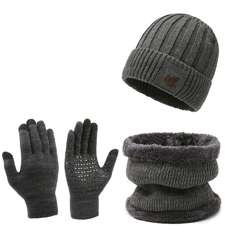 Knitted hat and neck warmer set unisex, 3‑piece with gloves, fleece‑lined, warm winter