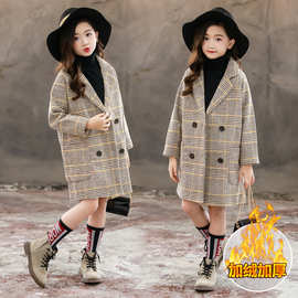 女童呢大衣2025秋冬韩版黄格子千鸟格外套中大童加绒外套一件代发