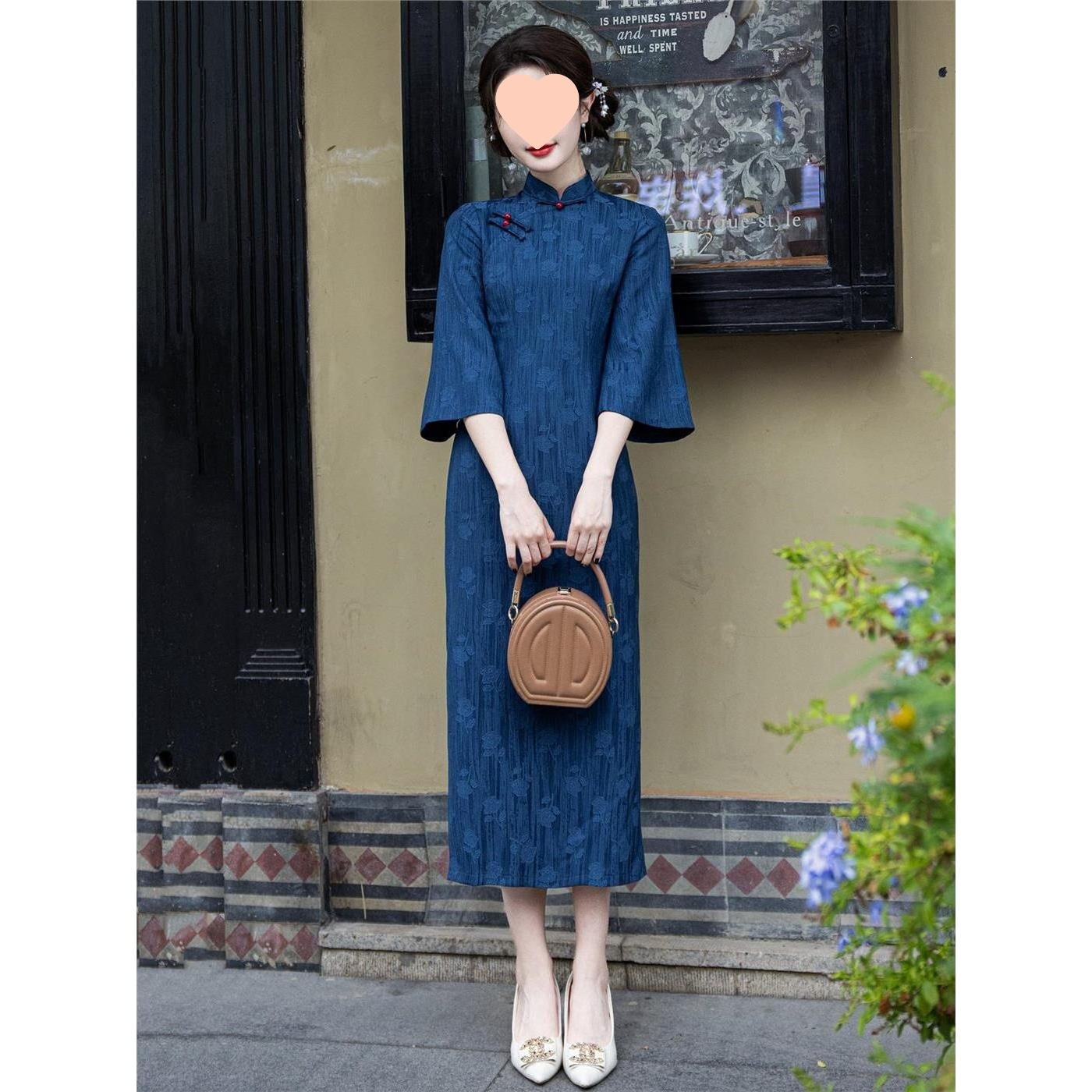 温柔腔蓝色日常袖扣春秋款旗袍复古新中式连衣裙藏蓝色其他