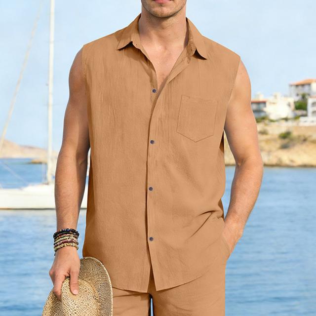Camisa informal de manga corta para hombre, estilo europeo y americano, chaleco de lino sin mangas, ropa de vacaciones._voghion.com