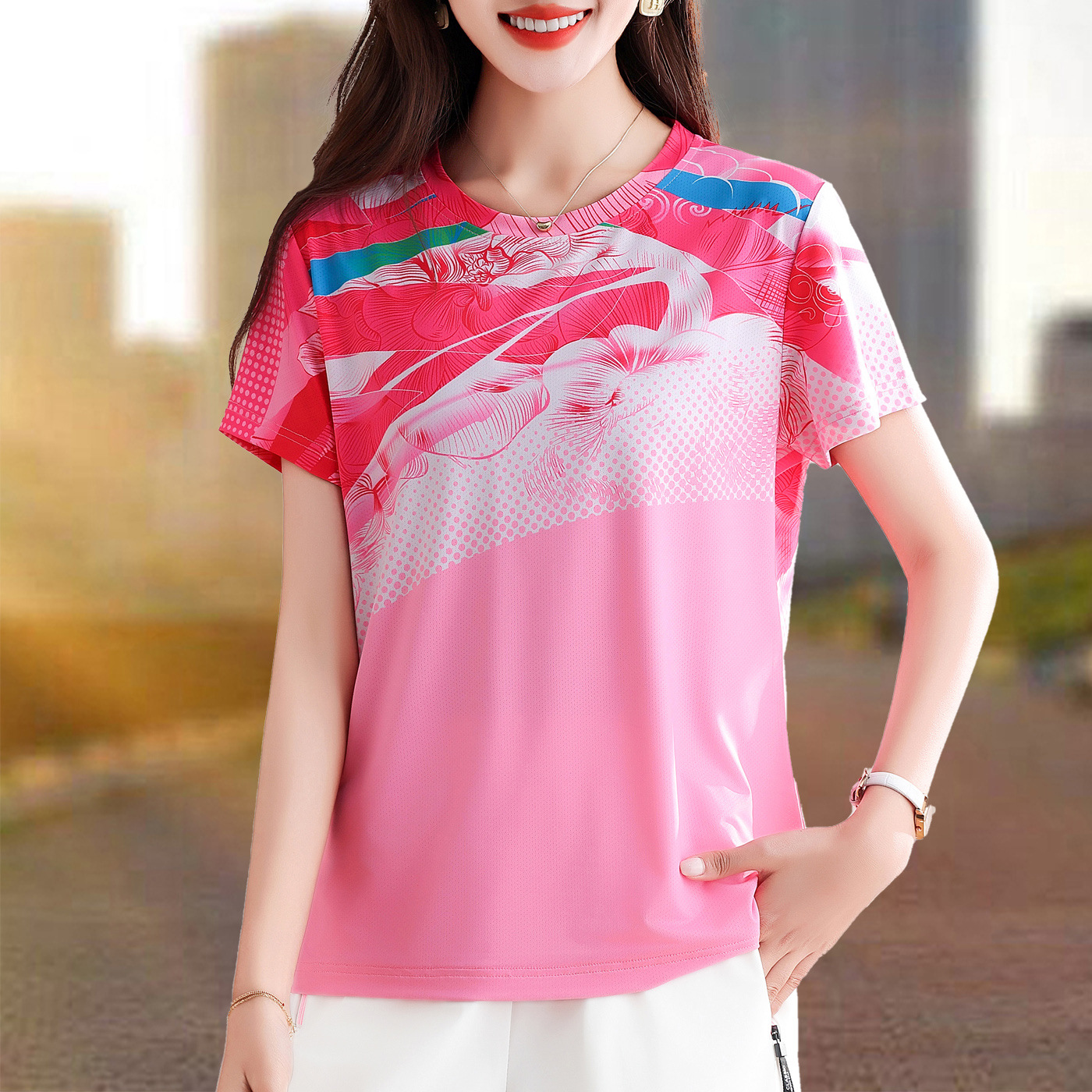 Round Neck Sports Short-Sleeved T-Shirt for Women Summer 2026 New Style Middle-Aged Mother's Wear Casual Fashionable Top T-Shirt