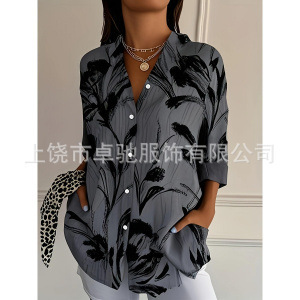 新款2025女士长款衬衫女夏季欧美潮流长袖衬衫印花图案印花3D衬衫|undefined