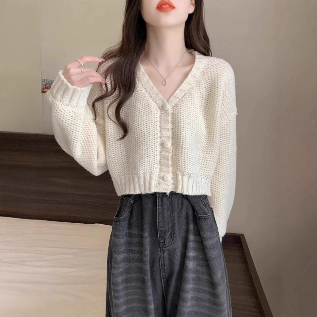 Женский короткий свободный тонкий кардиган-свитер, куртка на осень и зиму, для миниатюрных размеров, с длинными рукавами, трикотажный.