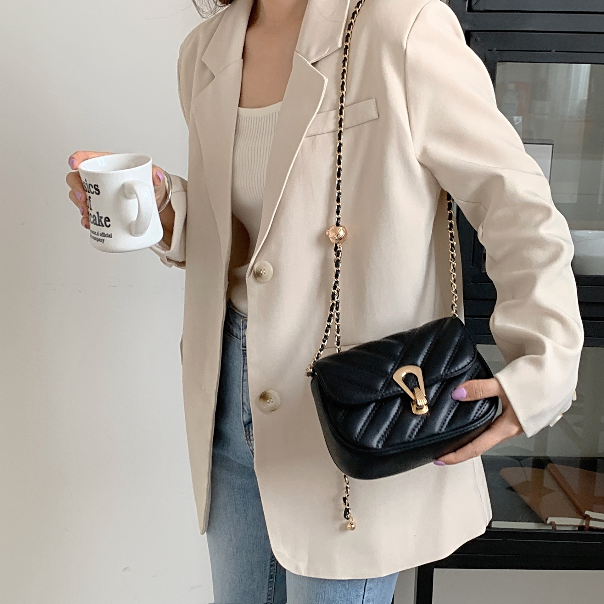 小包包女2024新款 小眾設計小金球菱格鏈條包小香風斜挎包女包包
