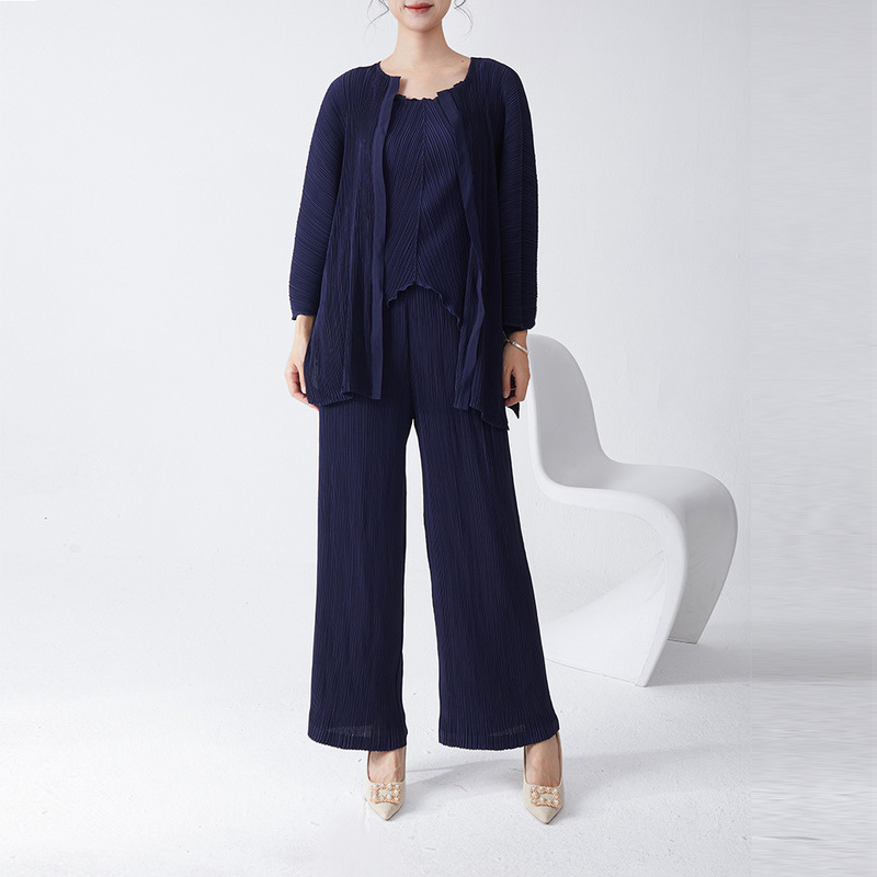 Miyake suit New Fashion Single-breasted Cardigan Jacket Loose Three-piece Casual Pleated Wide-leg Pants Women's Comfortable