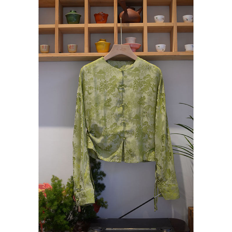 2023 Early Spring New Style Small Chic Niche Top New Chinese Style National Style Buckle Green Short Jacquard Shirt