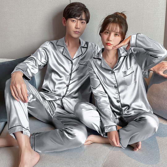 Couple Pajamas Ice Silk Summer Long Sleeve Women's Cardigan Casual Loose Spring and Autumn Men's Young and Middle-aged Plus Size Home Clothes