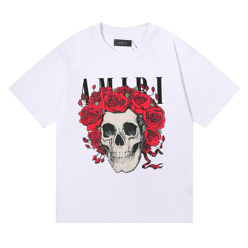 国境を越えた卸売り美潮AMIRI T-Shirt薔薇頭蓋頭プリント双糸純綿半袖tシャツ男女|undefined