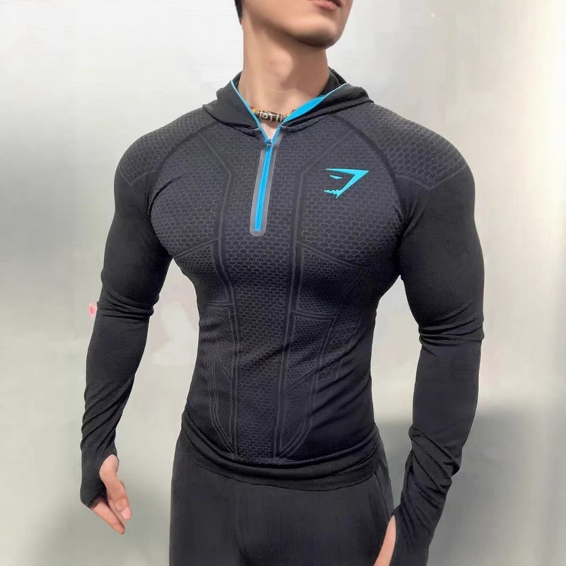 Gymshark Classic Onyx5.0 Superhero Quick-Drying Fitness Top Men's Autumn and Winter Hooded Zipper Long Sleeves Gymshark Classic Onyx5.0 Superhero Quick-Drying Fitness Top Men's Autumn and Winter Hooded Zipper Long Sleeves