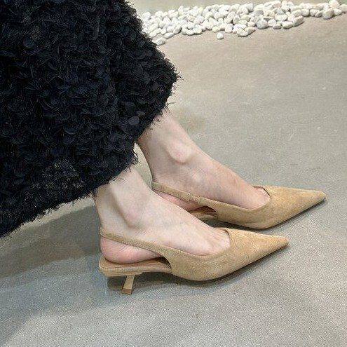 French Retro Elegant Socialite Baotou Pointed Toe Sandals Women's Summer Suede Stiletto Heel Fairy High Heels Rear Empty Shoes