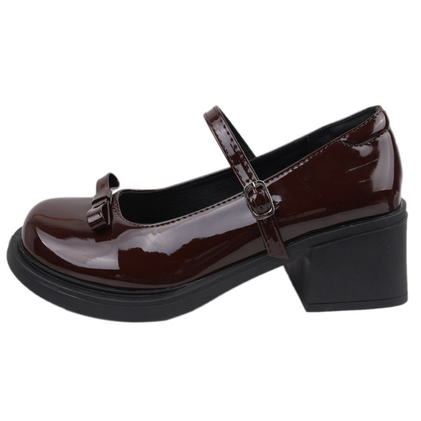 Retro summer brown Mary Jane shoes heels with bow English style
