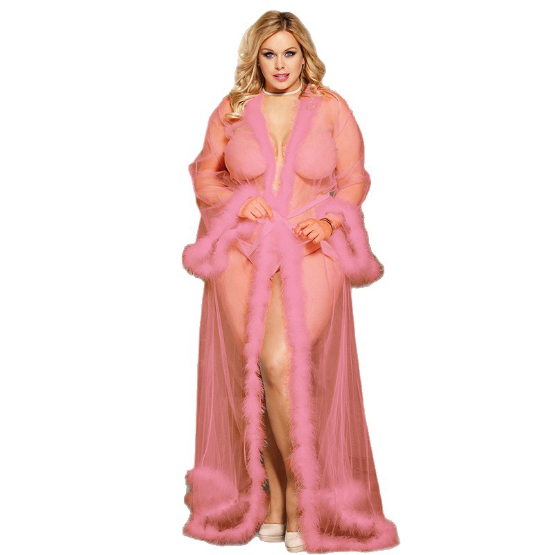 Suministro de comercio exterior europeo y americano más tamaño lencería sexy felpa pluma cardigan manga larga camisón al por mayor 80759