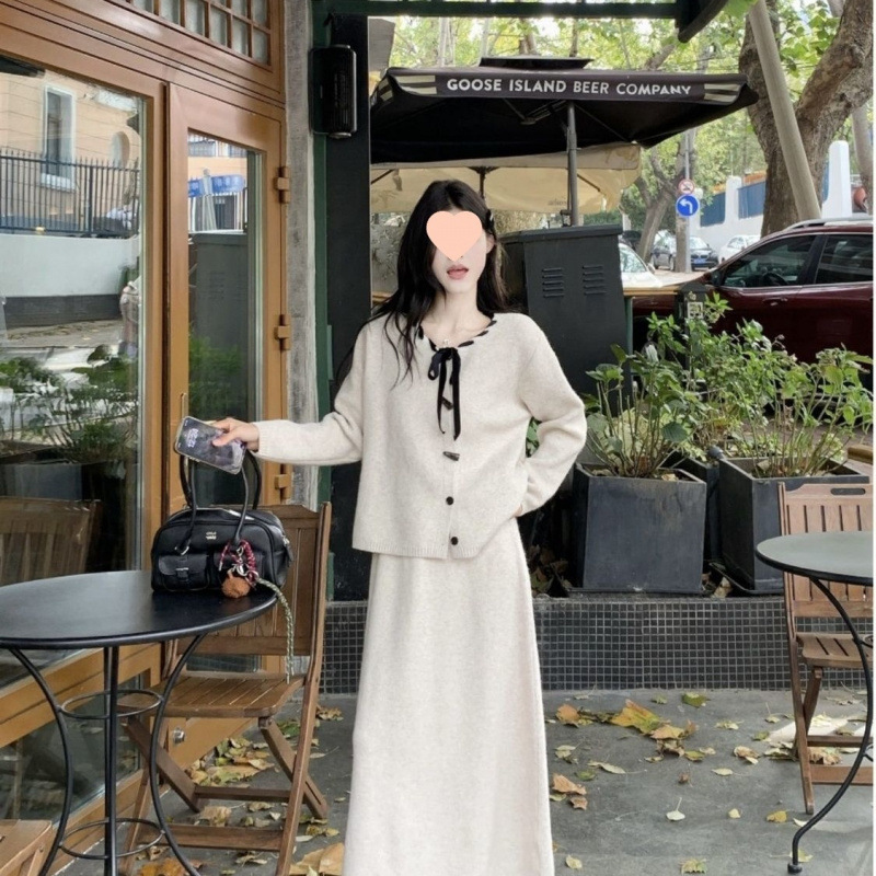 韩版圆领系带针织开衫时尚套装女秋冬新款宽松慵懒风半身裙两件套|undefined