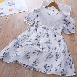 2023夏季新款女童复古水墨画打揽连衣裙 儿童时尚泡泡袖公主裙