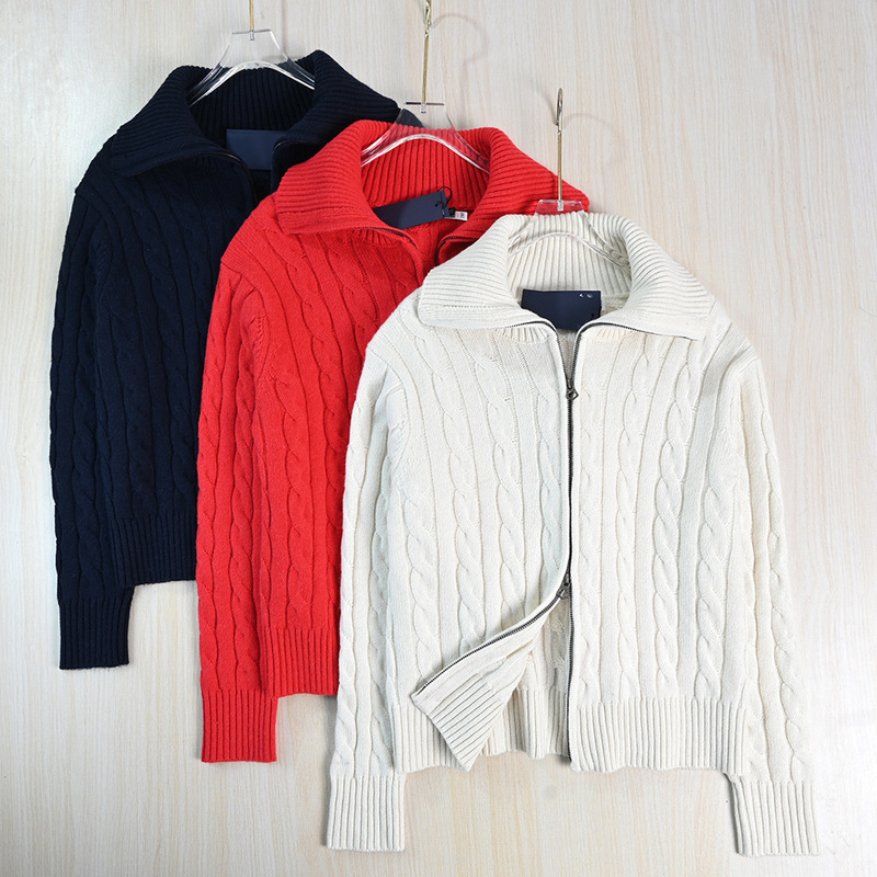 Siqi Women's Clothing 2512/4 American Single Thick Needle Cable Twist Lapel Zipper Casual Long Sleeve Knitted Cardigan
