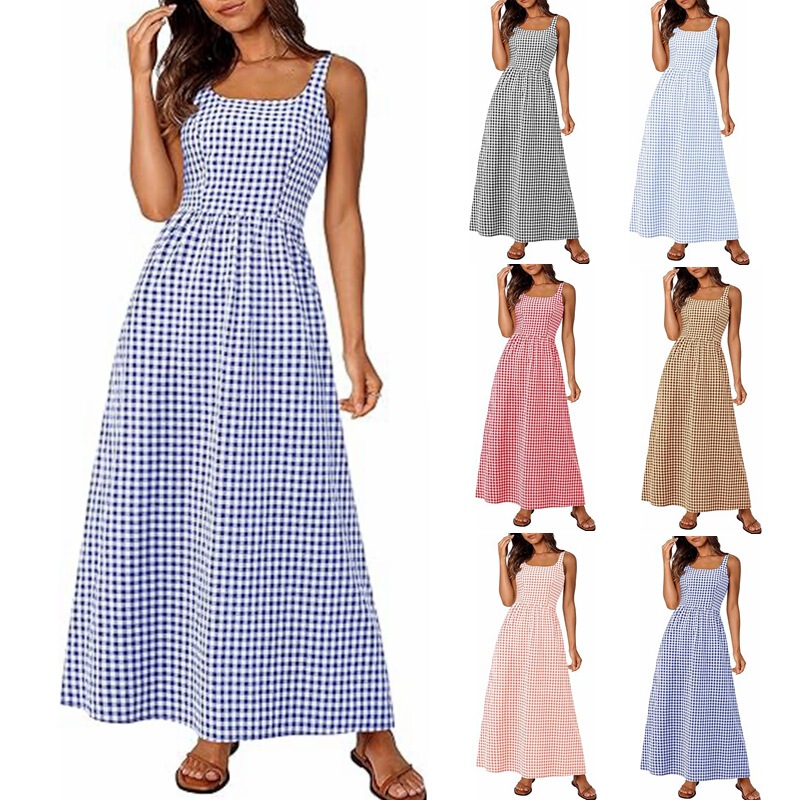 2025 European and American Export Cross-Border Women's Clothing Amazon Hot Style Spaghetti Straps Square Collar Plaid Pleated Maxi Dress