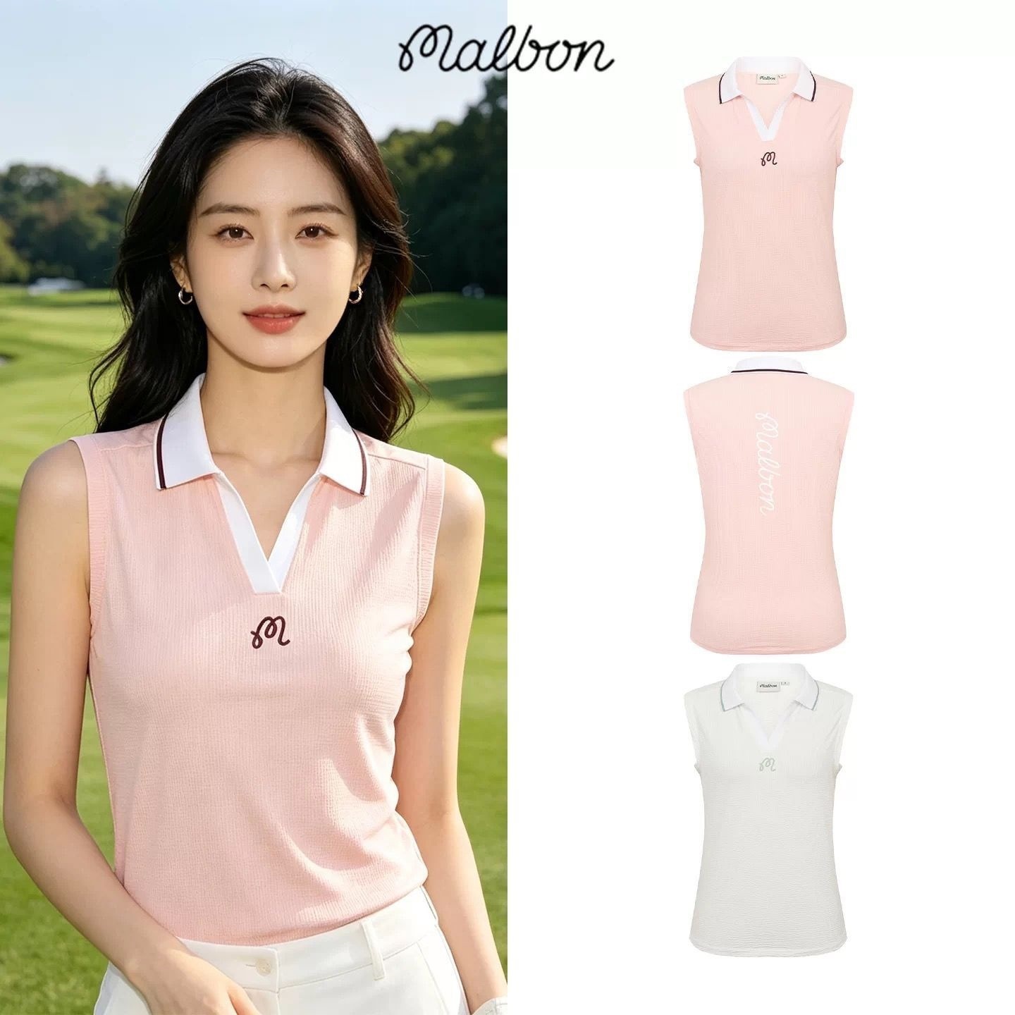 26 Summer Korean MALBON Golf Apparel Women's Sports Casual Top Lightweight Slim Fit V-Neck Polo Shirt