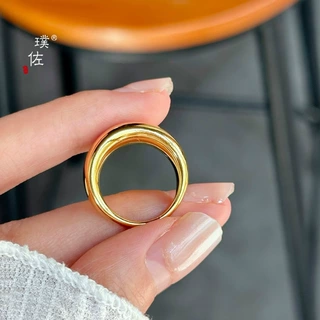 璞佐金店同款24K亮金网红面包戒指女简约饱满百搭素圈指环送女友