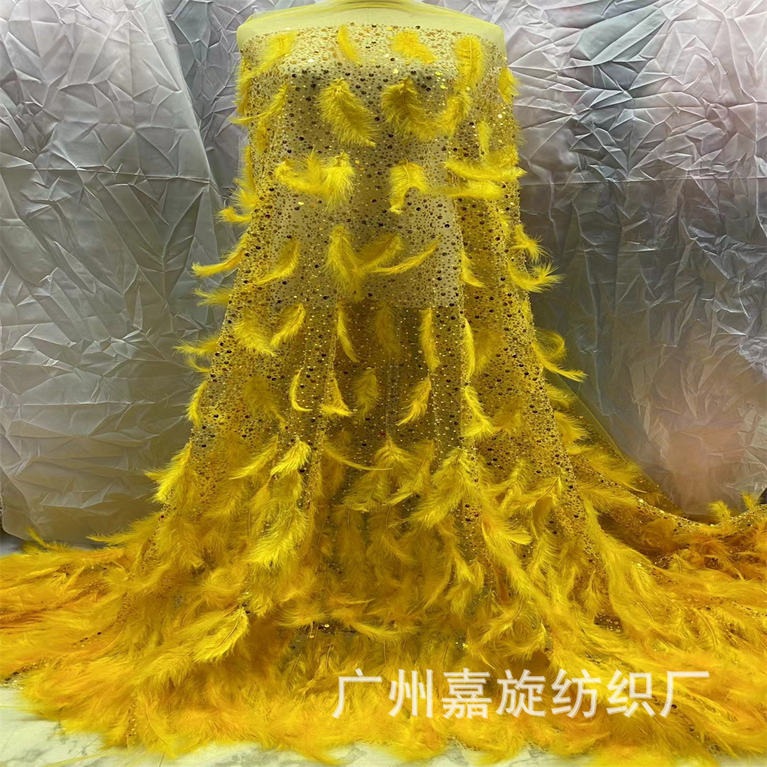 Plumas de avestruz de alta calidad con bordado de cuentas, tela de encaje transparente, vestido de novia brillante, accesorios de escenario