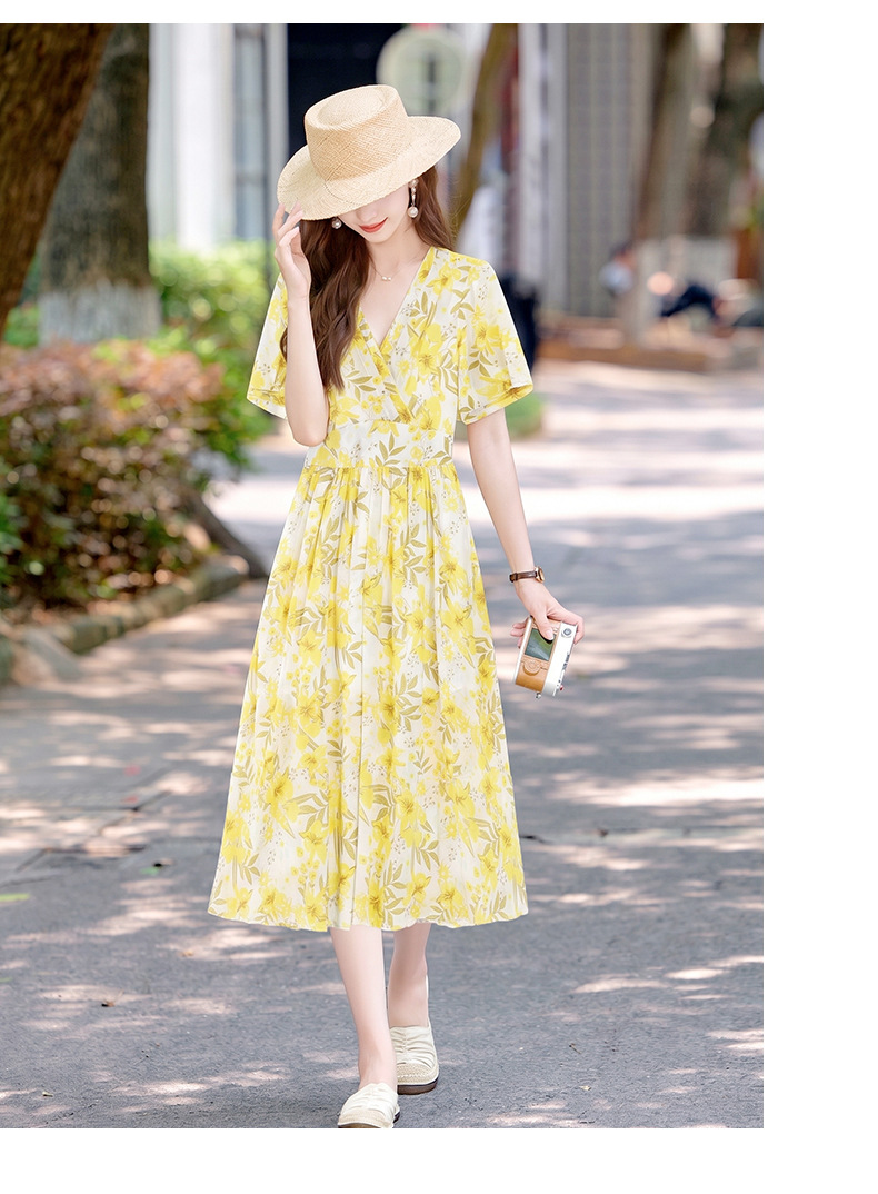 Đầm maxi nữ thắt eo họa tiết hoa nhí cổ V xếp ly tay ngắn — xanh lam, Màu hồng, màu vàng chi tiết 20