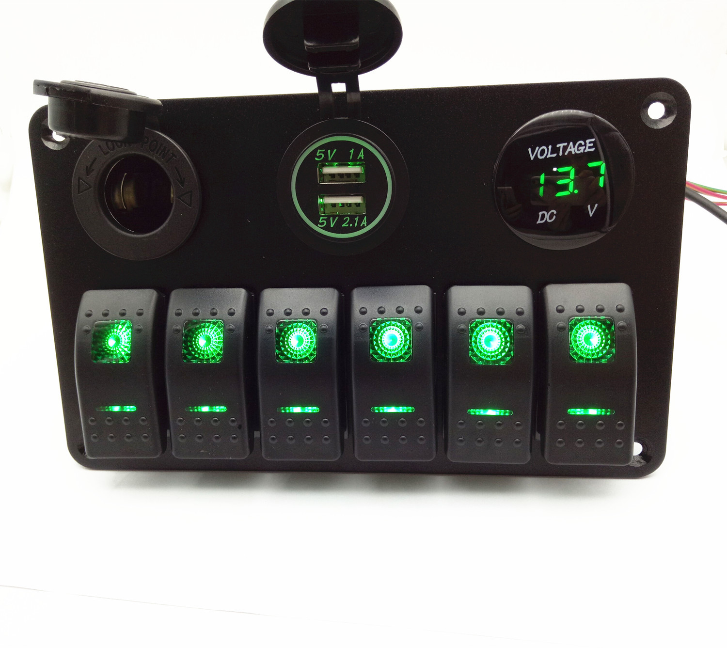 外贸6位组合翘板开关配双USB 点烟母座 电压表绿灯塑胶板面板