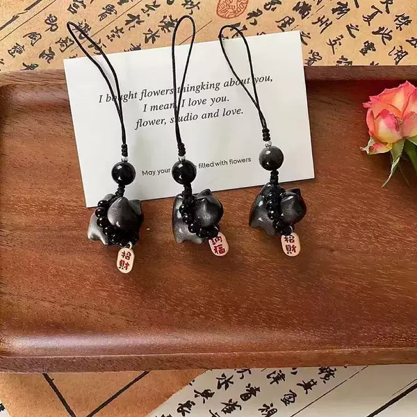 Rongjing Jewelry Natural Silver Obsidian Lucky Cat Fat Cat Jewelry Pendant DIY Mobile Phone Bag Cat Key