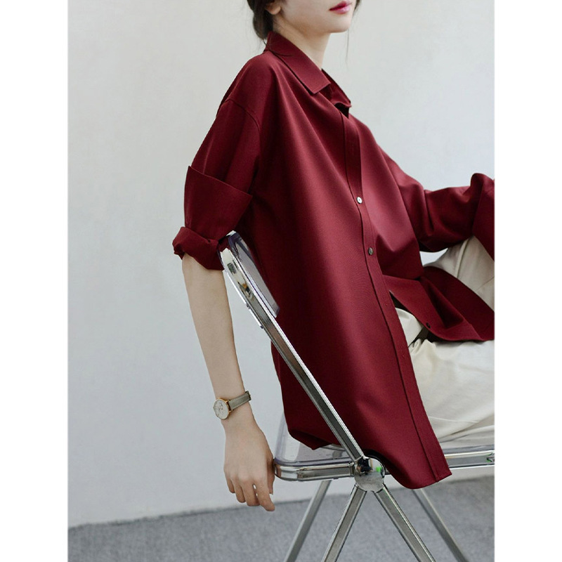 Practical High-End Carmine Loose White Shirt Women's Long-Sleeved Oversize Slightly Warm Matte Anti-Wrinkle Top
