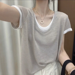 Summer New Thin Fake Two-Piece French Age-Reducing Knitwear Large Size Flesh-Covering T-Shirt for Women